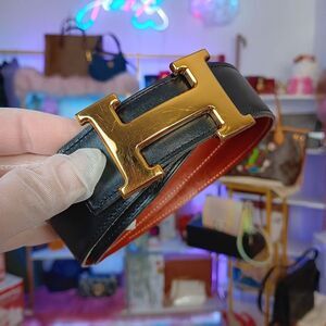 HERMES H Logo Reversible Black & Brown Leather Buckle Belt Size 65 cm